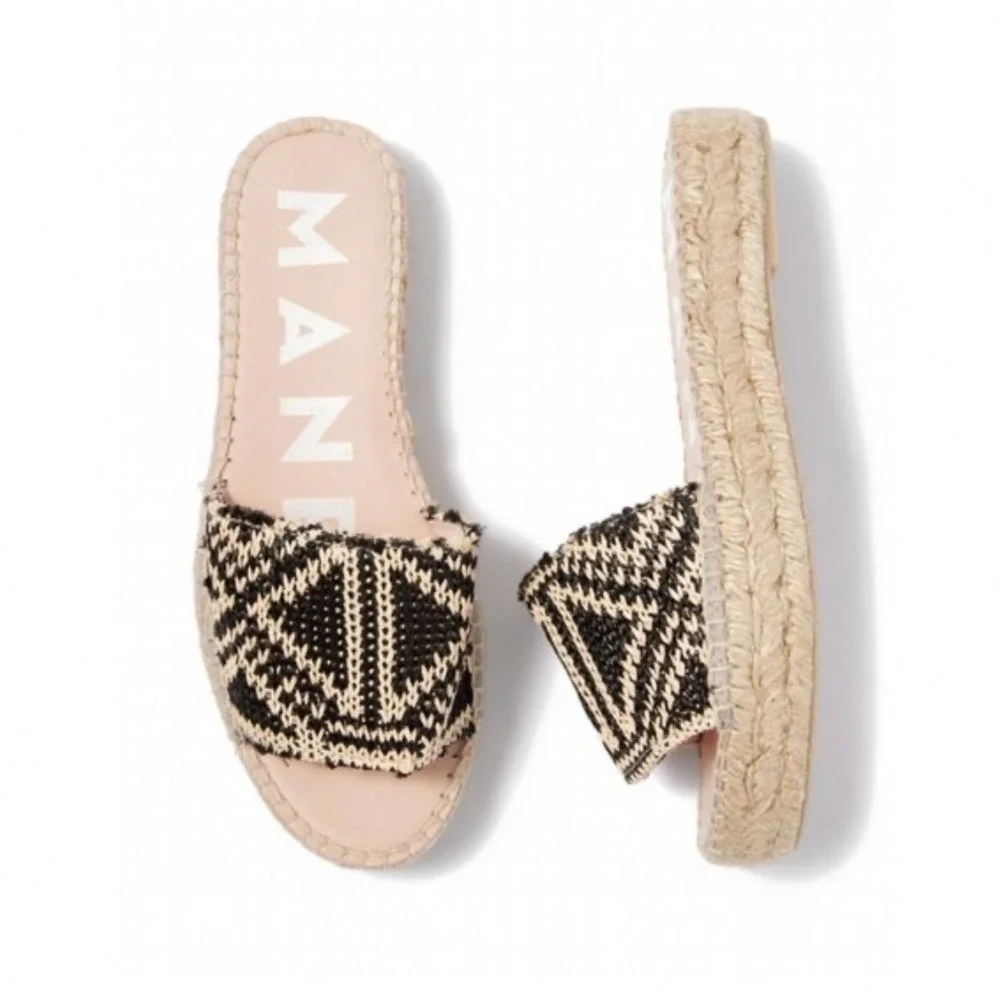 Manebi Hamptons Black Beige Geometric Knit Espadrille Platform Slide Sandals